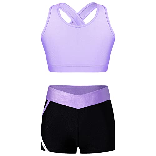 dPois Mädchen Sportanzug Kurz Trainingsanzug Jogginganzug Sport BH Bustier Tank Top mit Sportshorts Kinder Sommer Sport Kleidungsset Lavendel 122-128 von dPois