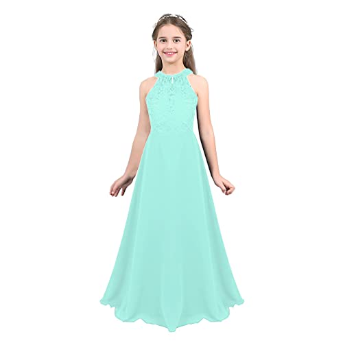 dPois Mädchen Ärmellos Prinzessin Kleid Blumenmädchen Kleid Hochzeit Spitzen Festlich Lang Kinder Abschlussball Kleid Abendkleid Partykleid Gr.106-176 Mint Grün 140/10 Jahre von dPois