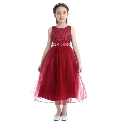 dPois Mädchen Festlich Prinzessin Kleid Ärmellos Hochzeit Partykleid Cocktailkleid mit Glitzern Midi Lang Blumenmädchen Kleid Elegant Rot 176/16 Jahre von dPois