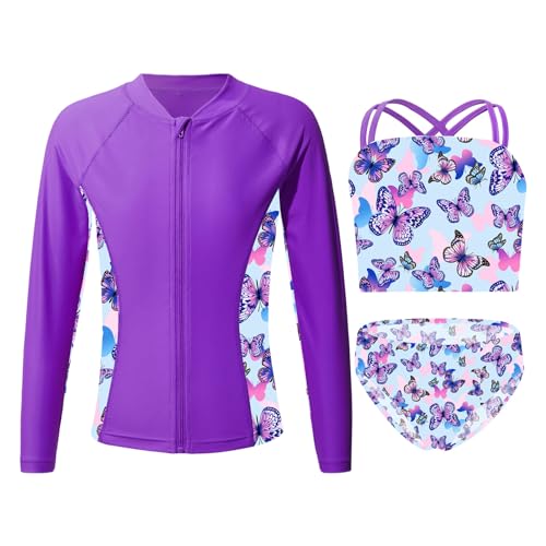 dPois Mädchen Badeanzug Bademode Set UV Schutz Langarm Oberteil Jacke mit Bikini Set Schnelltrocknend Schwimmanzug Kinder Sommer Swimwear A Violett 122-128 von dPois