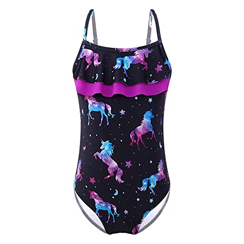 dPois Mädchen Badeanzug Einteiler Bademode Schwimmanzug mit Volant Meerjungfrau/Einhörner Muster Sommer Swimsuit Badekleidung Schwarz_Einhörner 134-140/9-10 Jahre von dPois