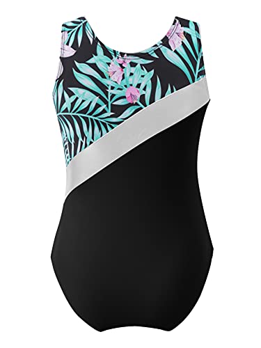 dPois Mädchen Badeanzug Einteiler Sommer Bademode Swimsuit Schwimmanzug Ärmellos Rundhals Druck Patchwork Badebekleidung Schwimmen Kleidung Schwarz_Blätter 170-176/15-16 Jahre von dPois