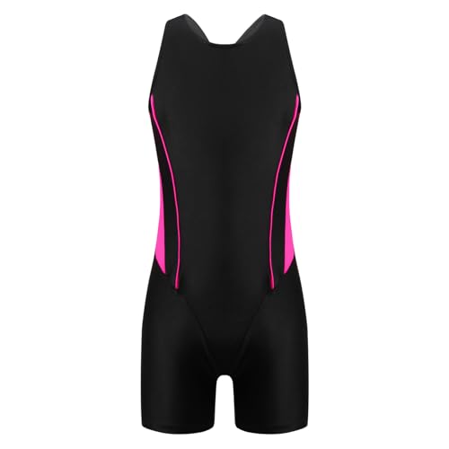 dPois Mädchen Badeanzug mit Bein Schwimmanzug Ärmellos Einteiler Bademode Swimsuit mit Racerback Sportlich Kinder Badebekleidung Hot Pink&Schwarz 122-128/7-8 Jahre von dPois