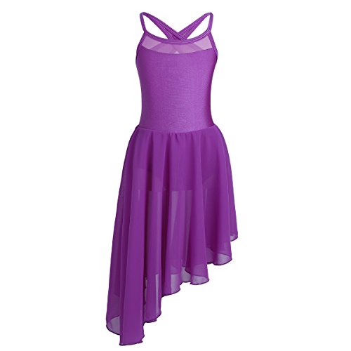 dPois Mädchen Ballettkleid Ärmellos Tanzkleid Ballett Tanz Trikot Kinder Ballettanzug mit Asymmetrisch Chiffon Rock in Weiß, Schwarz, Rosa, Lavender Violett 134-140/9-10 Jahre von dPois