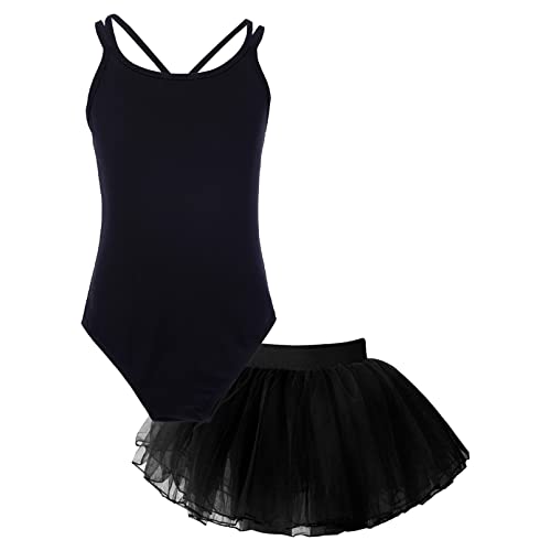 dPois Mädchen Ballettkleidung Set Ärmellos Ballett Trikot Leotard Tanzbody mit Tütü Rock Ballettkleid Ballettanzug Einfarbig Tanz Outfit A Schwarz 158-164/13-14 Jahre von dPois