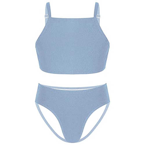 dPois Mädchen Bikini Bademode Zweiteiliger Badeanzug Badekleidung Einfarbig Swimwear Push Up mit Polster Bikinihose Sommer Strandmode Navy Blau 146-152/11-12 Jahre von dPois