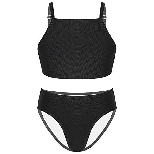 dPois Mädchen Bikini Bademode Zweiteiliger Badeanzug Badekleidung Einfarbig Swimwear Push Up mit Polster Bikinihose Sommer Strandmode Schwarz 158-164/13-14 Jahre von dPois