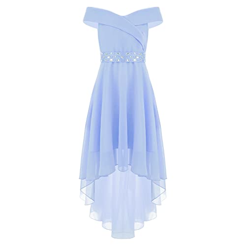 dPois Mädchen Chiffon Abendkleid Ballkleid Schulterfrei Prinzessin Vokuhila Kleider Cocktailkleid Hochzeit Party Geburtstag Outfit Elegant Hellblau 122-128/7-8 Jahre von dPois