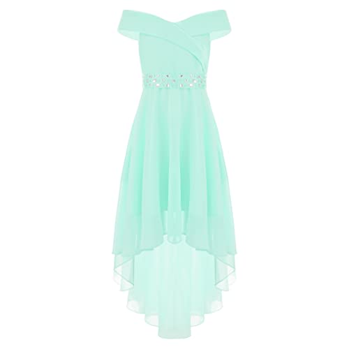 dPois Mädchen Chiffon Abendkleid Ballkleid Schulterfrei Prinzessin Vokuhila Kleider Cocktailkleid Hochzeit Party Geburtstag Outfit Elegant Mintgrün 134-140/9-10 Jahre von dPois