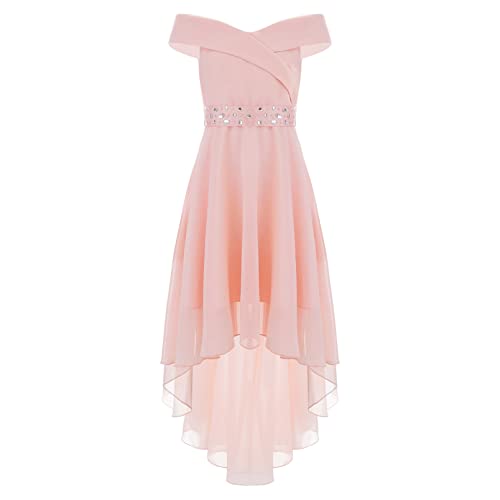 dPois Mädchen Chiffon Abendkleid Ballkleid Schulterfrei Prinzessin Vokuhila Kleider Cocktailkleid Hochzeit Party Geburtstag Outfit Elegant Rosa 134-140/9-10 Jahre von dPois