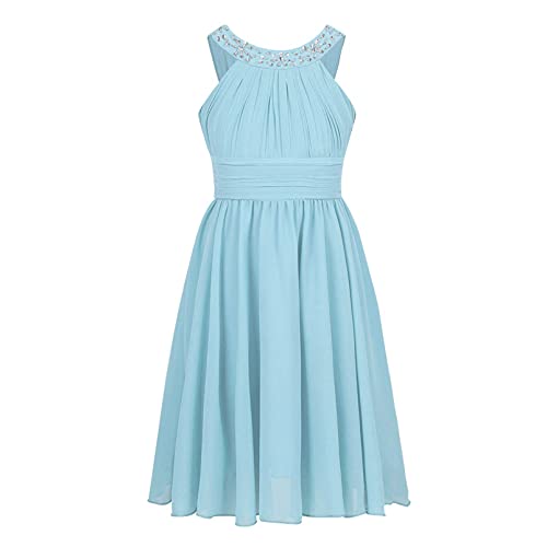 dPois Mädchen Chiffon Kleid Festlich Prinzessin Kleid Blumenmädchen Kleid Neckholder mit Strass Brautjungfernkleid Gefüttert Kinder Party Festzug Gr. 104-176 Himmelblau 128/8 Jahre von dPois