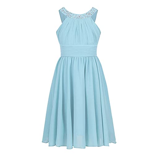 dPois Mädchen Chiffon Kleid Festlich Prinzessin Kleid Blumenmädchen Kleid Neckholder mit Strass Brautjungfernkleid Gefüttert Kinder Party Festzug Gr. 104-176 Himmelblau 140/10 Jahre von dPois