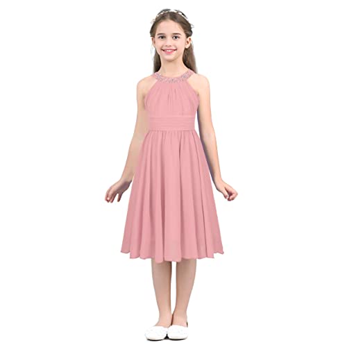 dPois Mädchen Chiffon Kleid Festlich Prinzessin Kleid Blumenmädchenkleid Neckholder Brautjungfernkleid mit Strass Kinder Hochzeit Party Festzug Kleidung Rosa 152 von dPois