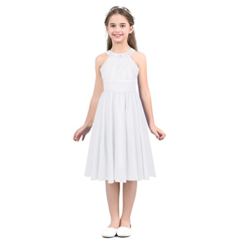 dPois Mädchen Chiffon Kleid Festlich Prinzessin Kleid Blumenmädchenkleid Neckholder Brautjungfernkleid mit Strass Kinder Hochzeit Party Festzug Kleidung Weiß 128 von dPois