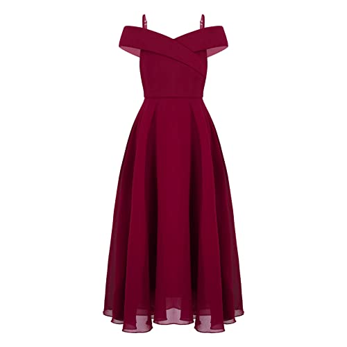 dPois Mädchen Chiffon Off Shoulder Kleider Festlich Ballkleid Abendkleid A-Linie Maxi Lang Blumenmädchen Kleid Kinder Hochzeit Geburtstag Party Outfit Burgundy 134-140/9-10 Jahre von dPois