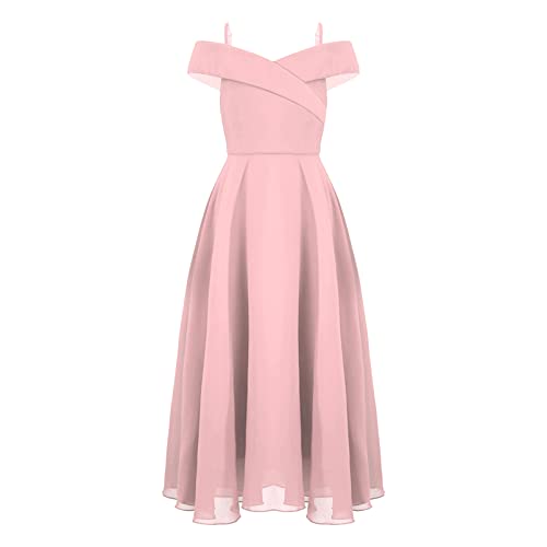 dPois Mädchen Chiffon Off Shoulder Kleider Festlich Ballkleid Abendkleid A-Linie Maxi Lang Blumenmädchen Kleid Kinder Hochzeit Geburtstag Party Outfit Rosa 170-176/15-16 Jahre von dPois