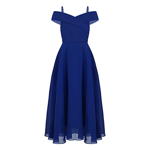 dPois Mädchen Chiffon Off Shoulder Kleider Festlich Ballkleid Abendkleid A-Linie Maxi Lang Blumenmädchen Kleid Kinder Hochzeit Geburtstag Party Outfit Royal Blau 170-176/15-16 Jahre von dPois