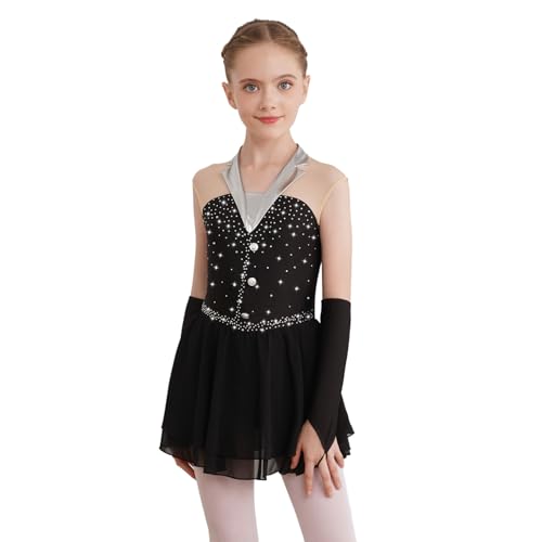dPois Mädchen Eiskunstlauf Anzug Set Eislauf Trikot Kleid mit Handschuhe Glitzer Ski Skating Eislaufen Outfit Ballett Tanzkleidung Schwarz 134-140 von dPois