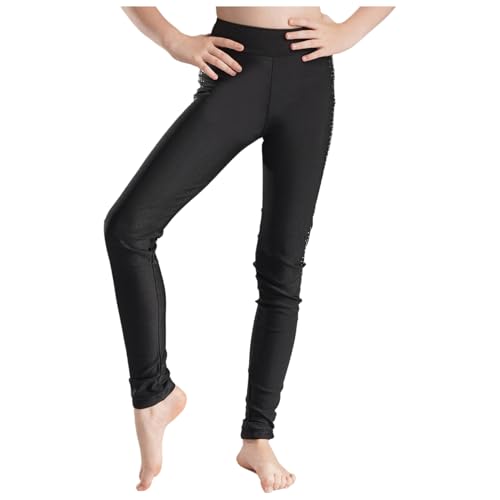 dPois Mädchen Eiskunstlauf Hose Glitzer Leggings Strumpfhose mit Strass Schlittschuhhose High Waist Sport Eislaufen Kostüm A Schwarz 146-152 von dPois
