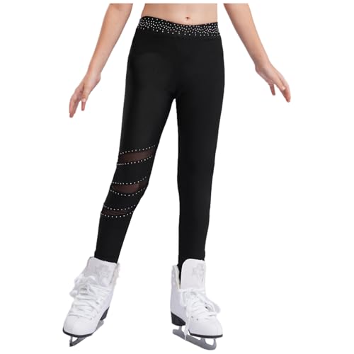 dPois Mädchen Eiskunstlauf Hose Glitzer Leggings Strumpfhose mit Strass Schlittschuhhose High Waist Sport Eislaufen Kostüm B Schwarz 146-152 von dPois