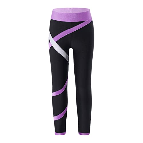 dPois Mädchen Eiskunstlauf Hose Trainingshose Lange Leggings Pants mit Streifen Strumpfhose Skaterhose Stretch Kinder Eislaufen Rollschuhe Kleidung Violett 146-152/11-12 Jahre von dPois