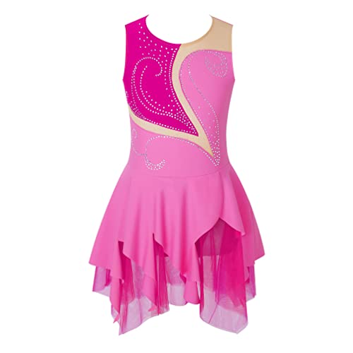 dPois Mädchen Eiskunstlauf Kleid Rollschuhkleid Trikot Leotard Ärmellos mit Strass Ballett Gymnastik Tanz Kostüm für Wettbewerb Leistung Hot Pink_Typ C 110-116 von dPois