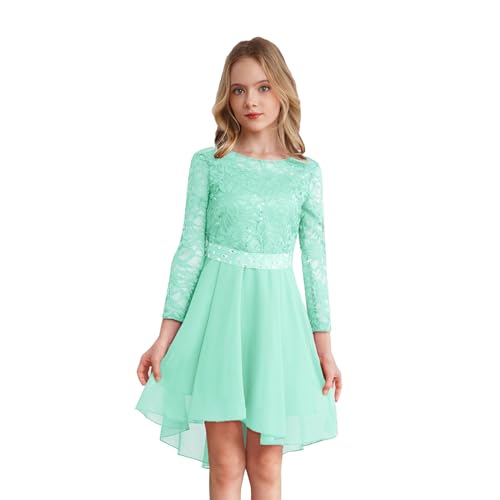 dPois Mädchen Festlich Kleid Hochzeit Vokuhila Partykleid Langarm Spitzen Blumenmädchenkleid Rundhals Elegant Kinder Geburtstag Festzug Outfit Mintgrün 134-140 von dPois