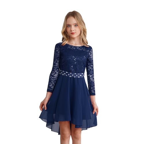 dPois Mädchen Festlich Kleid Hochzeit Vokuhila Partykleid Langarm Spitzen Blumenmädchenkleid Rundhals Elegant Kinder Geburtstag Festzug Outfit Navy blau 158-164 von dPois