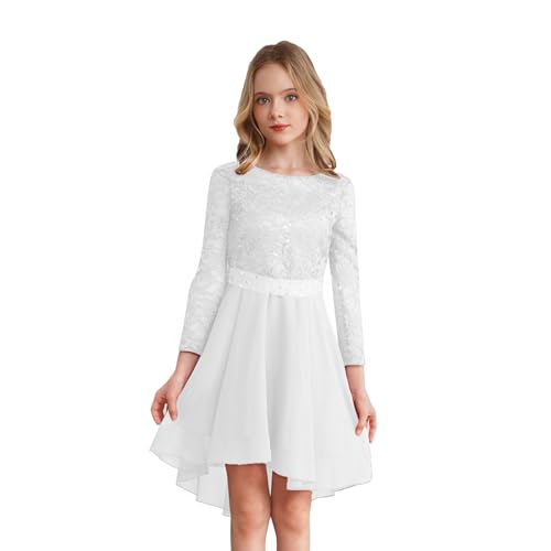 dPois Mädchen Festlich Kleid Hochzeit Vokuhila Partykleid Langarm Spitzen Blumenmädchenkleid Rundhals Elegant Kinder Geburtstag Festzug Outfit Weiß 134-140 von dPois