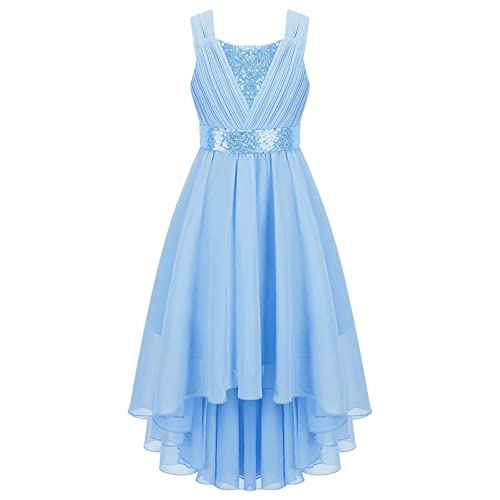dPois Mädchen Festlich Kleider Blumenmädchen Kleid Vokuhila Partykleid Chiffon A-Linie Kleid Elegant Kinder Hochzeit Abschlussball Outfit Blau 158-164/13-14 Jahre von dPois