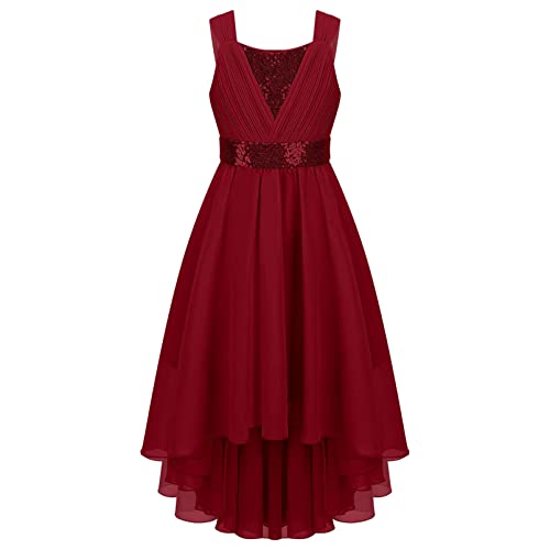 dPois Mädchen Festlich Kleider Blumenmädchen Kleid Vokuhila Partykleid Chiffon A-Linie Kleid Elegant Kinder Hochzeit Abschlussball Outfit Burgundy 134-140/9-10 Jahre von dPois