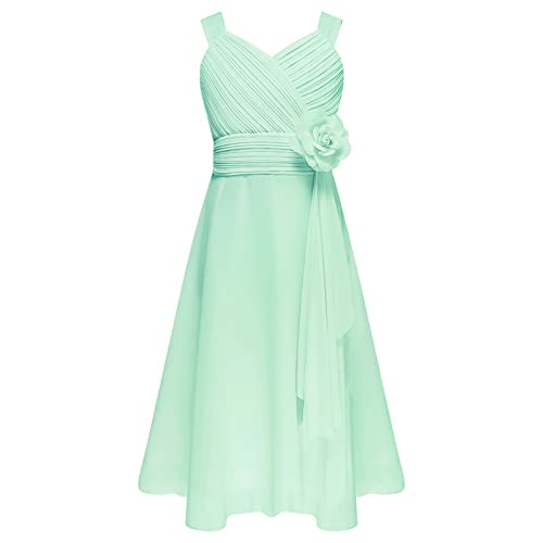 dPois Mädchen Festlich Kleider Blumenmädchenkleid Chiffon Partrykleid mit 3D Blumen V-Ausschnitt Knielang Kinder Hochzeit Festzug Outfit Mint Grün 146-152/11-12 Jahre von dPois