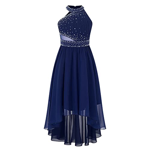 dPois Mädchen Festlich Kleider Blumenmädchenkleid Neckholder Partykleid Ärmellos Vokuhila Ballkleid Glitzernd Hochzeit Abschlussball Outfit Navy blau 134-140 von dPois