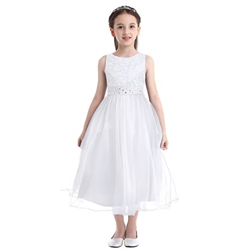 dPois Mädchen Festlich Prinzessin Kleid Ärmellos Hochzeit Partykleid Cocktailkleid mit Glitzern Midi Lang Blumenmädchen Kleid Elegant Weiß 152/12 Jahre von dPois