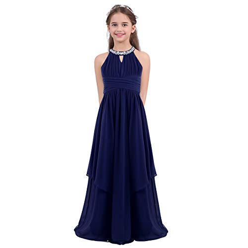dPois Mädchen Festliches Kleid Abendkleid Maxikleid Neckholder Empire Kleid Festlich mit Strass Verziert aus Chiffon Unregelmäßig für Hochzeit Party Taufe Marineblau 176/16 Jahre von dPois