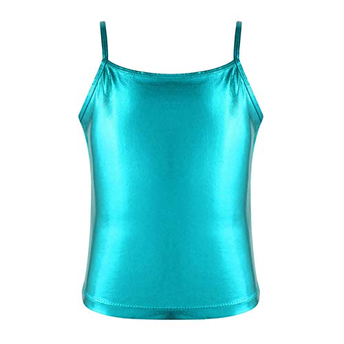 dPois Mädchen Glänzend Crop Top Metallic Spaghetti Shirt T-Shirt Sommer Tops Kinder Ballett Tanz Top Party Bekleidung Sportbekleidung Turnanzug Lake Blue 164/14 Jahre von dPois