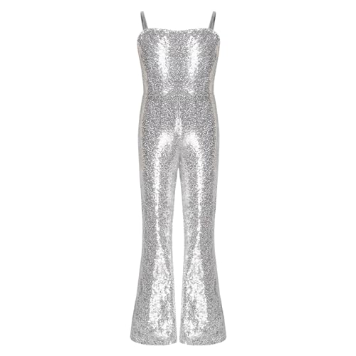 dPois Mädchen Glänzend Gymnastikanzug Einteiler Body Jumpsuit Pailletten Overall Lang Turnazug Trikot Ärmellos Glitzer Tanz Turnen Bühne Kostüm A Silber 122-128 von dPois