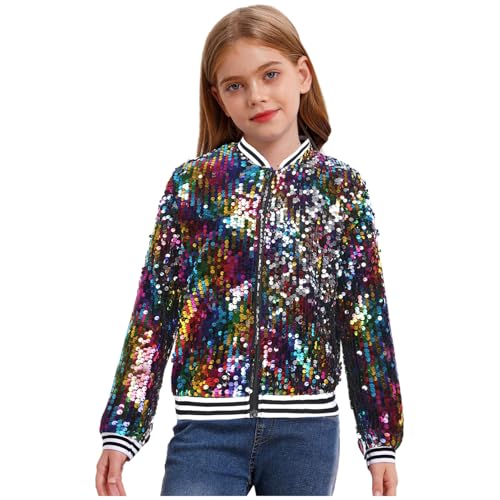 dPois Mädchen Glitzer Jacke Oberteil Pailletten Bomberjacke Sweatjacke Ohne Kapuze Zipper Baseball Jacke Kinder Teenager Kleidung Bunt 146-152 von dPois