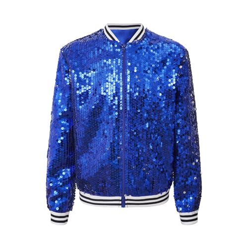 dPois Mädchen Glitzer Jacke Oberteil Pailletten Bomberjacke Sweatjacke Ohne Kapuze Zipper Baseball Jacke Kinder Teenager Kleidung Königsblau 134-140 von dPois