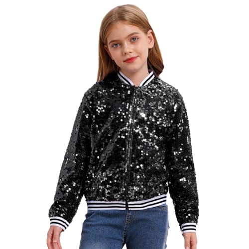 dPois Mädchen Glitzer Jacke Oberteil Pailletten Bomberjacke Sweatjacke Ohne Kapuze Zipper Baseball Jacke Kinder Teenager Kleidung Schwarz 170 von dPois