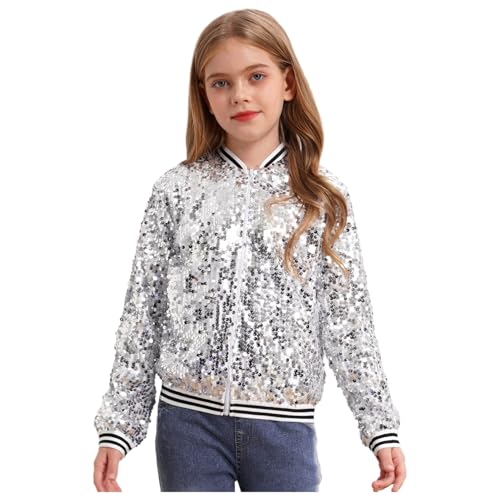 dPois Mädchen Glitzer Jacke Oberteil Pailletten Bomberjacke Sweatjacke Ohne Kapuze Zipper Baseball Jacke Kinder Teenager Kleidung Silber 122-128 von dPois