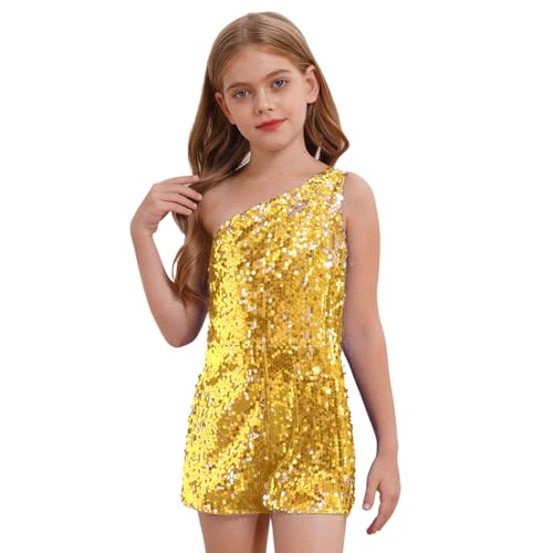 dPois Mädchen Glitzer Tanzanzug Kurz Overall Jumpsuit EIN-Schulter Strampler Pailletten Turnanzug Latein Cha Cha Jazz Tanz Outfit Gold 134-140 von dPois