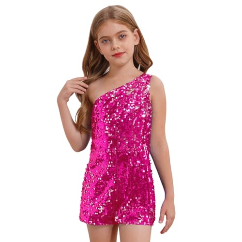 dPois Mädchen Glitzer Tanzanzug Kurz Overall Jumpsuit EIN-Schulter Strampler Pailletten Turnanzug Latein Cha Cha Jazz Tanz Outfit Hot Pink 146-152 von dPois