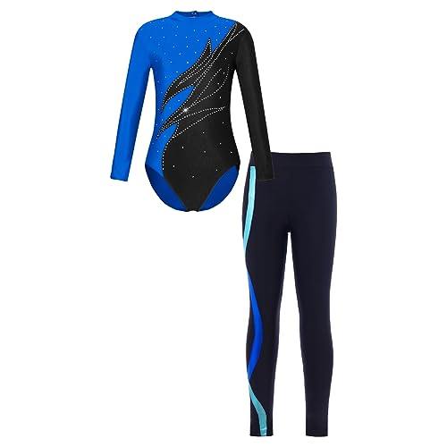 dPois Mädchen Gymnastikanzug Turnanzug Set Langarm Trikot Body mit Leggings Lange Leggins Stretch Sport Skating Outfit Blau E 134-140/9-10 Jahre von dPois