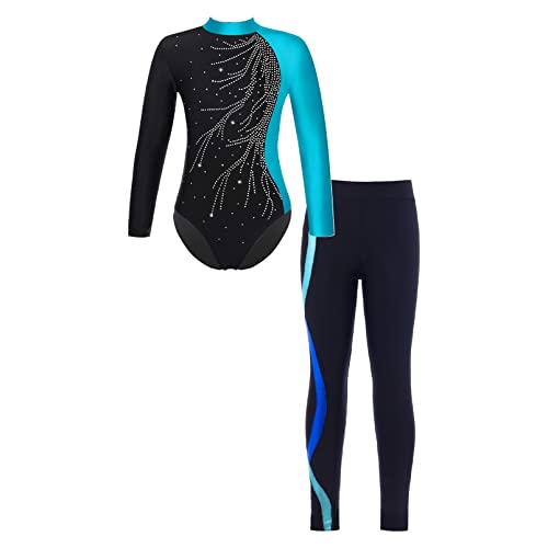 dPois Mädchen Gymnastikanzug Turnanzug Set Langarm Trikot Body mit Leggings Lange Leggins Stretch Sport Skating Outfit Blue Green&Royal Blue 134-140/9-10 Jahre von dPois