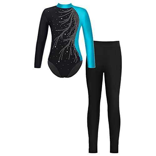 dPois Mädchen Gymnastikanzug Turnanzug Set Langarm Trikot Body mit Leggings Lange Leggins Stretch Sport Skating Outfit Grün&Schwarz C 146-152/11-12 Jahre von dPois