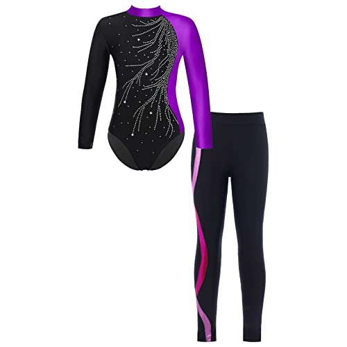 dPois Mädchen Gymnastikanzug Turnanzug Set Langarm Trikot Body mit Leggings Lange Leggins Stretch Sport Skating Outfit Purple&Rose 122-128/7-8 Jahre von dPois