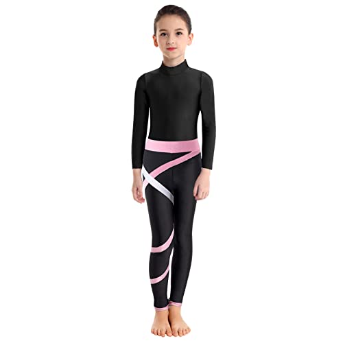 dPois Mädchen Gymnastikanzug Turnanzug Set Langarm Trikot Body mit Leggings Lange Leggins Stretch Sport Skating Outfit Rosa B 158-164/13-14 Jahre von dPois