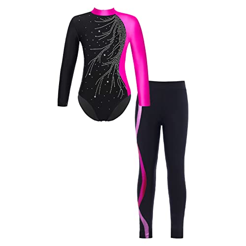 dPois Mädchen Gymnastikanzug Turnanzug Set Langarm Trikot Body mit Leggings Lange Leggins Stretch Sport Skating Outfit Rose 122-128/7-8 Jahre von dPois