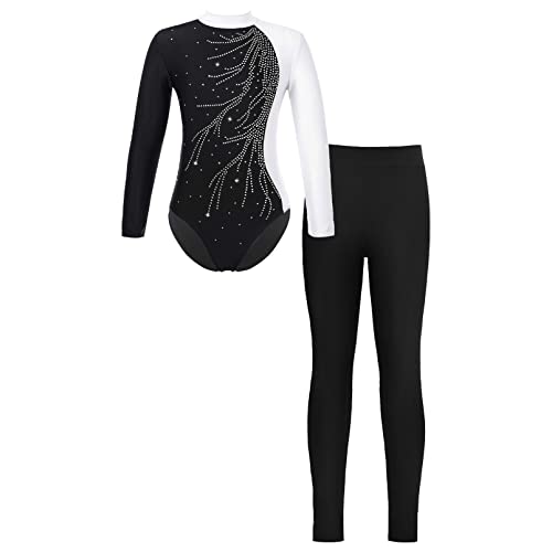 dPois Mädchen Gymnastikanzug Turnanzug Set Langarm Trikot Body mit Leggings Lange Leggins Stretch Sport Skating Outfit Weiß&Schwarz C 158-164/13-14 Jahre von dPois